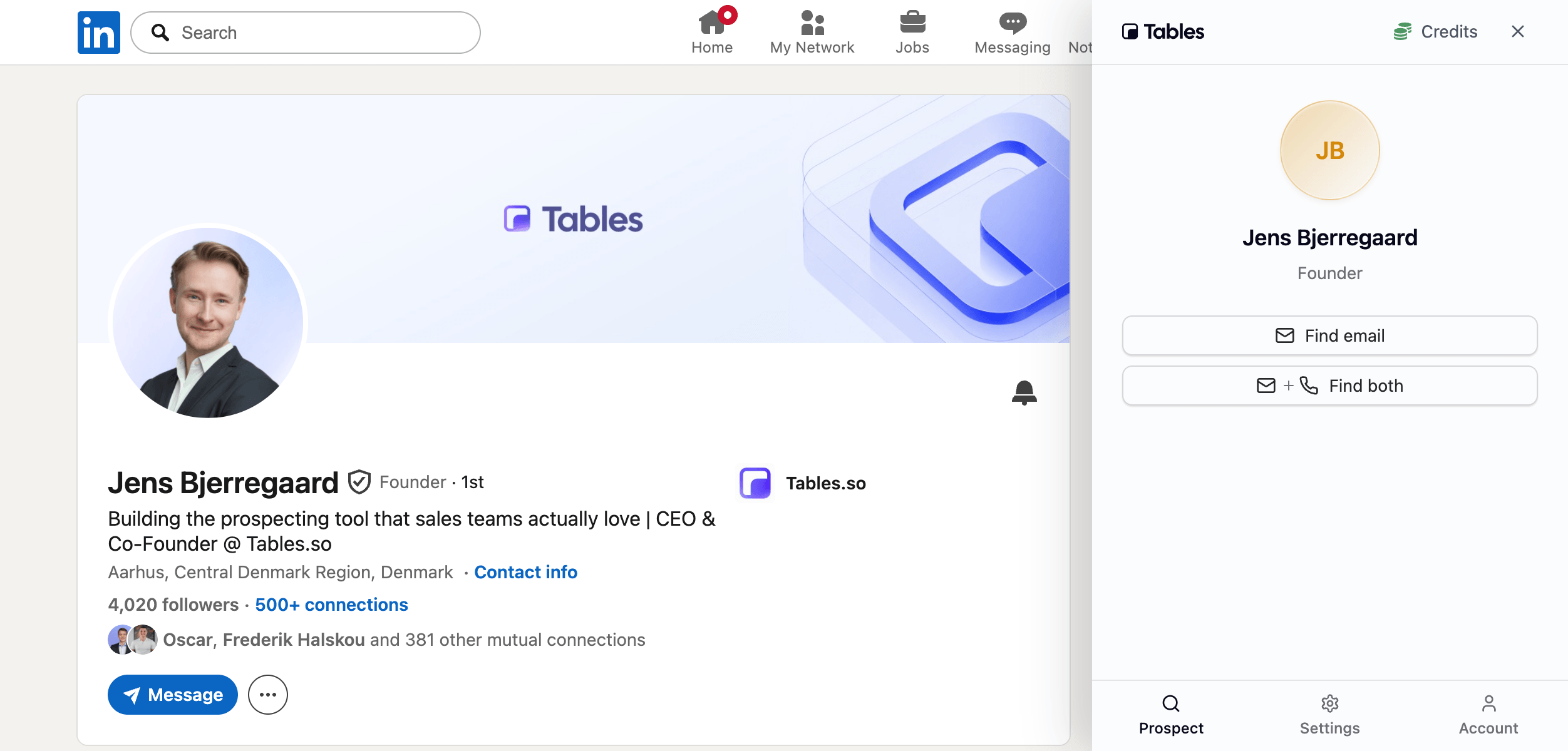 Tables Chrome extension open on a LinkedIn profile, revealing contact info