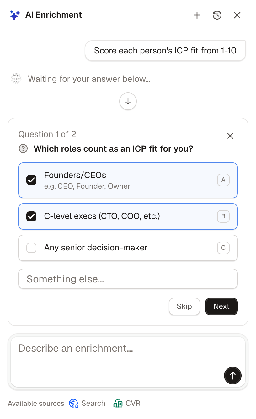 Tables AI enrichment chat panel